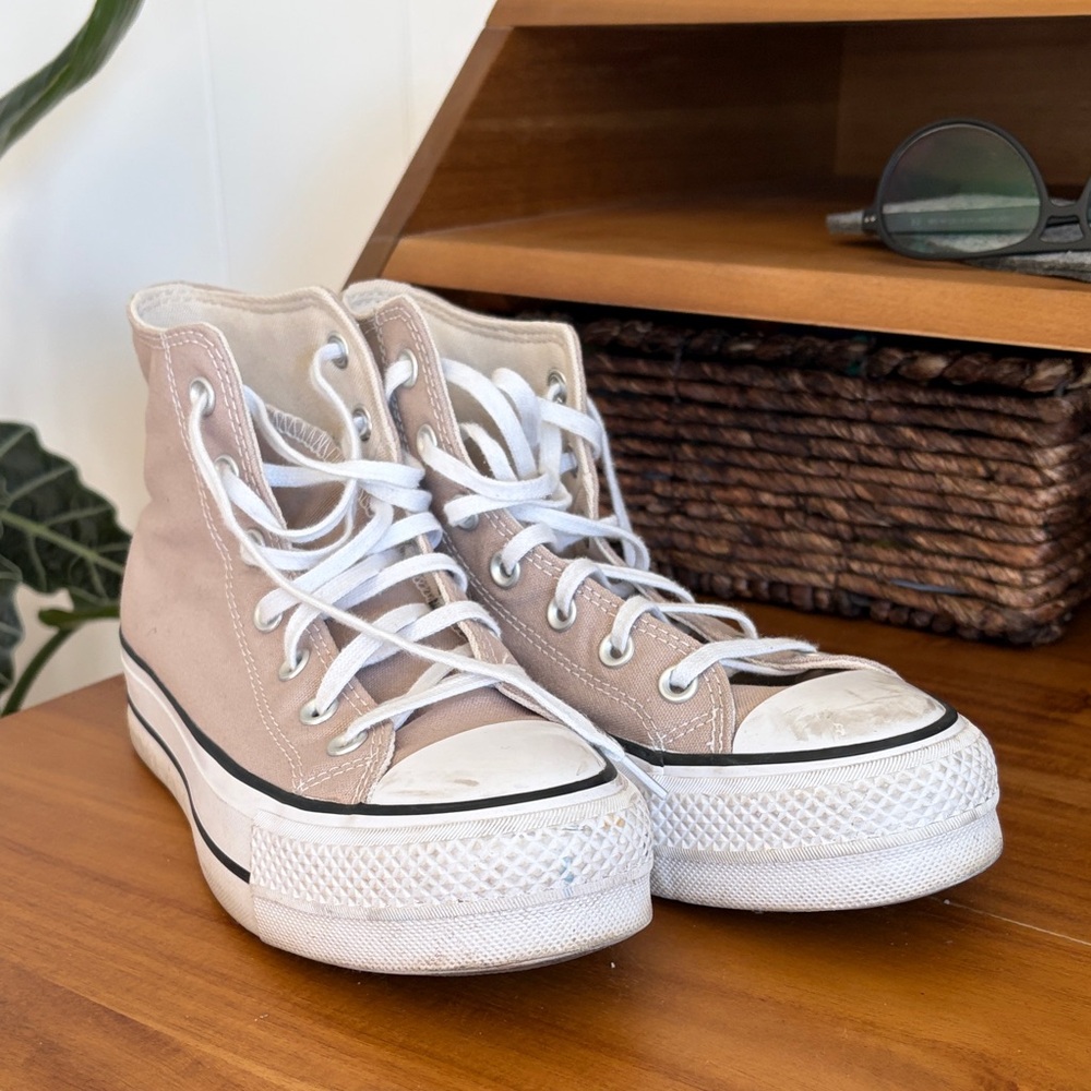Platform High-Top Sneakers in Beige and White